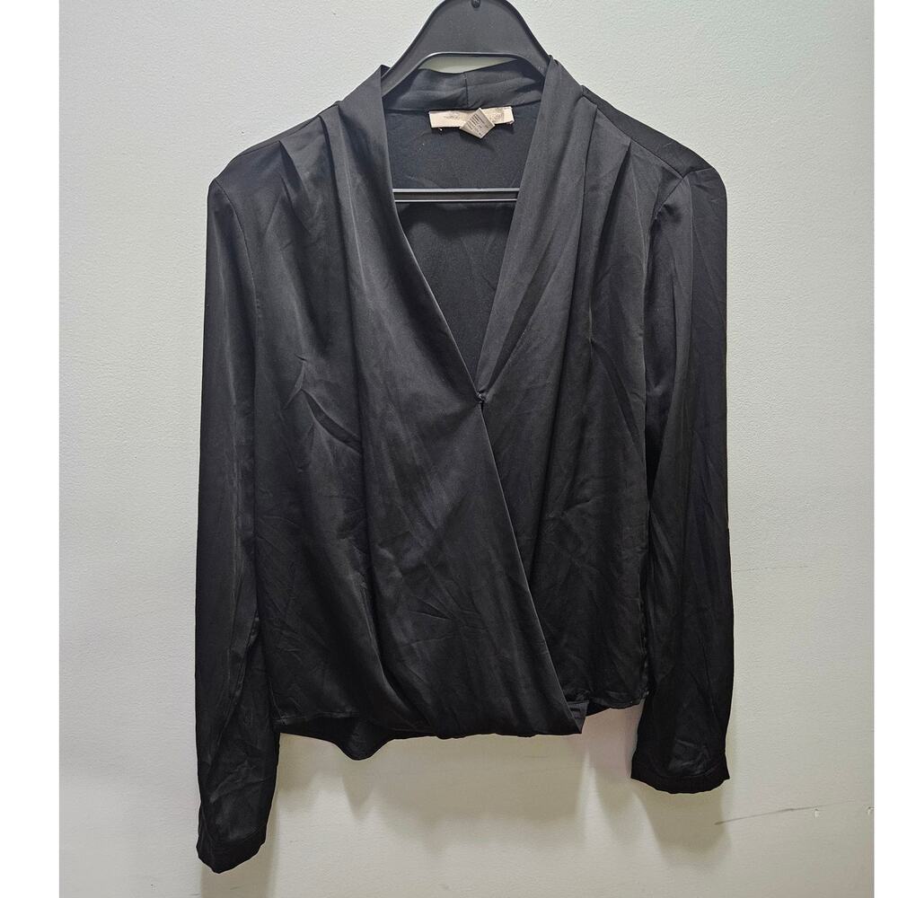Forever 21 Contemporary Black Faux Wrap Blouse Large L Long Sleeve